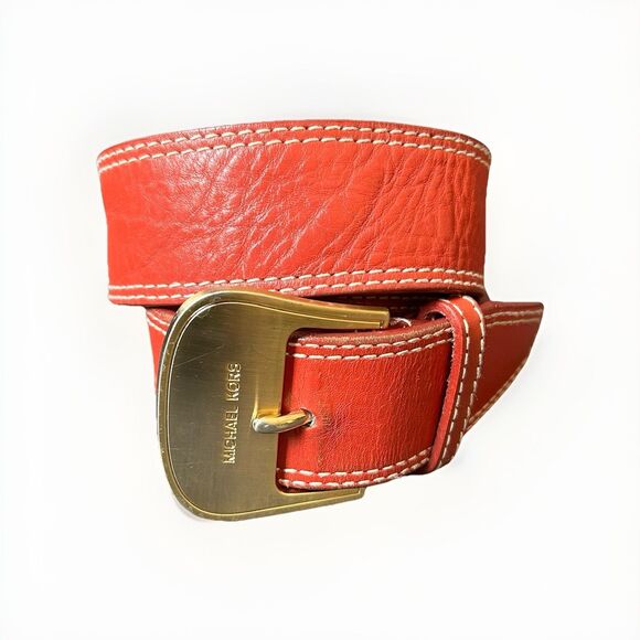 Vintage Y2K Michael Kors Womens Red Genuine Leather Belt Gold Buckle 33” - Picture 1 of 10